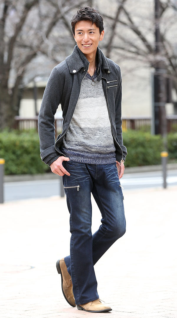 カットジャケット ニット ブーツカットデニムパンツ snp_cg1065の