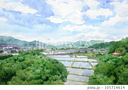 山から望む水田・田園風景 水彩画のイラスト素材 [105714614] - PIXTA