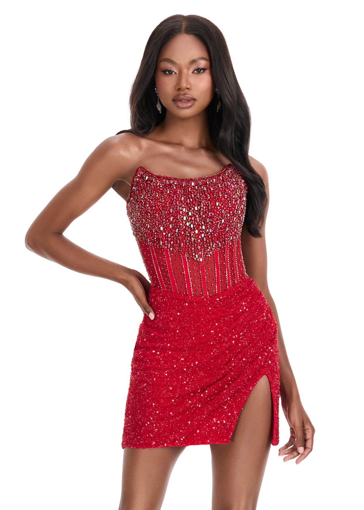 Ashley Lauren 4564 Beaded Cocktail Dress With Exposed Boning Sheer