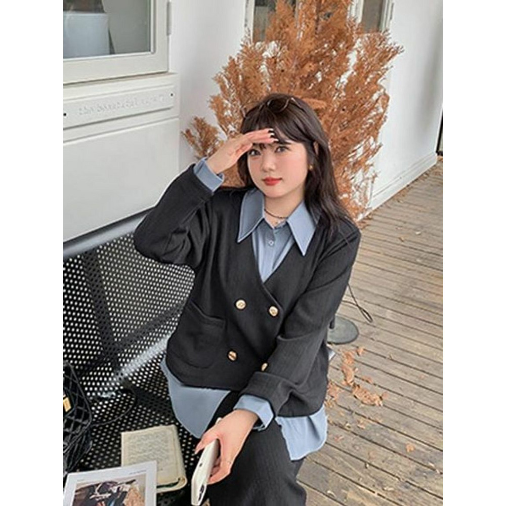 シャツ+ダブルブレストジャケット重ね着風トップスのスカートスーツ