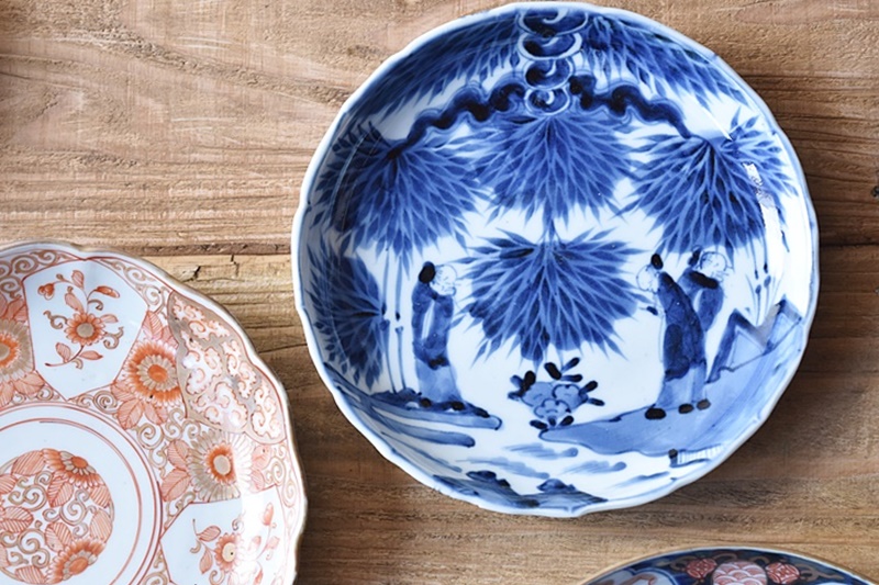 古伊万里 染付 竹林賢人図 輪花型 七寸皿 - 生活骨董と古布の