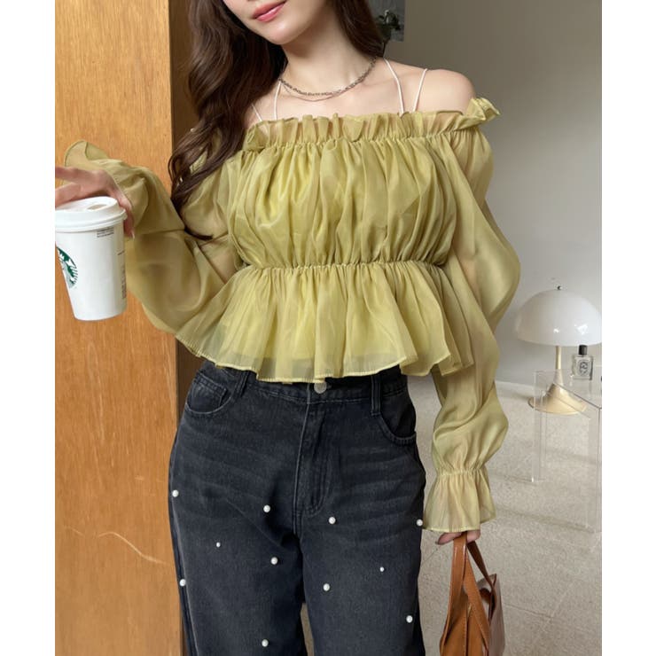 2WAY オフショル シアー ギャザー 長袖 ブラウス[品番：ORGW0009141