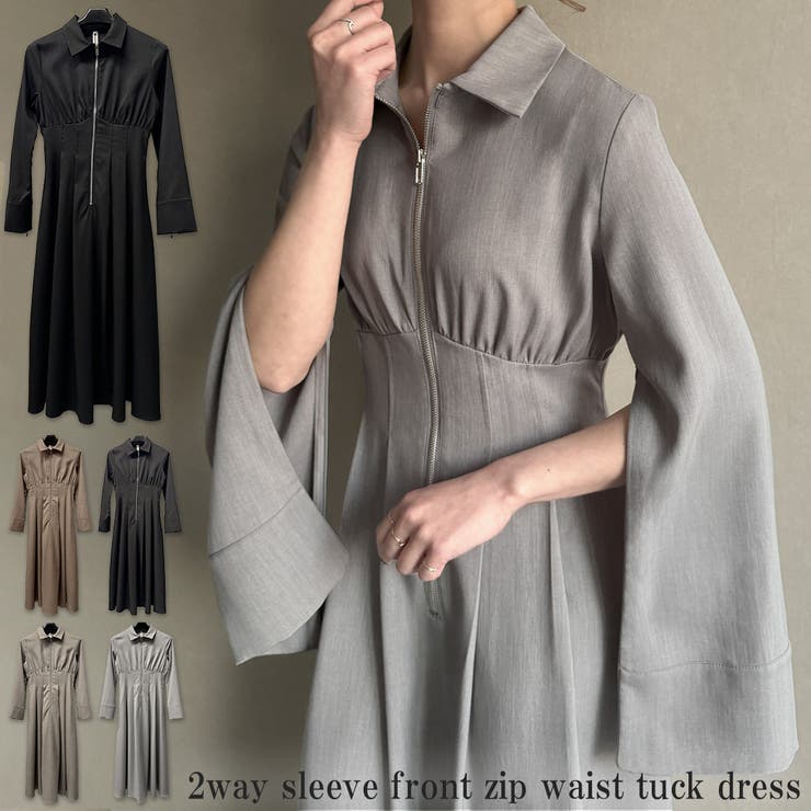 2wayスリーブフロントジップウエストタックワンピース【ペチスカート