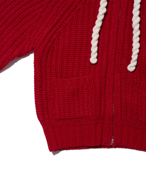 ROPE HOOD ZIP-UP KNIT RED（パーカー）｜YOUHEE（ユヒ）の