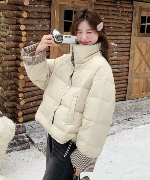 セール】チェック切り替え中綿スタンドカラージャケット（ダウン