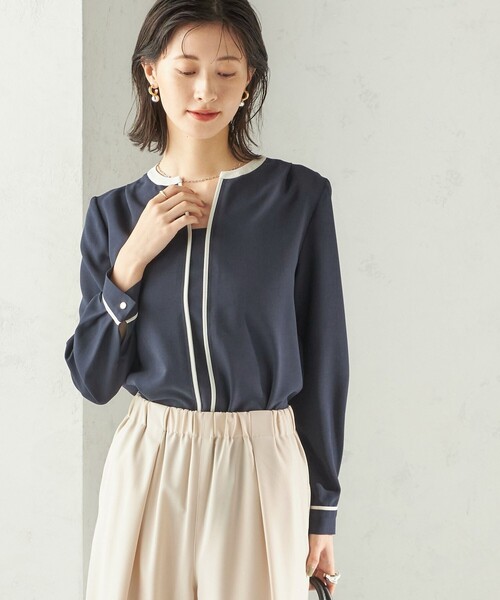 手洗い可能〉配色 パイピング キーネック 長袖ブラウス（シャツ