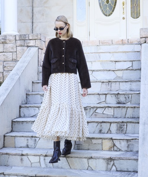 ゴールドボタンフェイクファージャケット（ノーカラージャケット