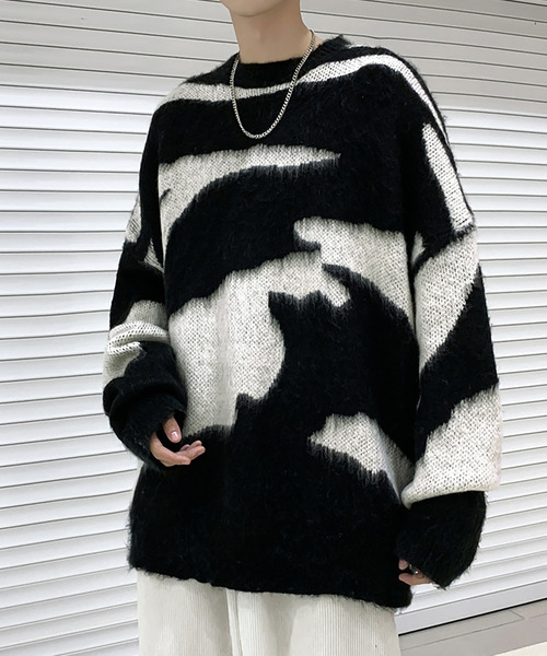 セール】オーバーサイズ ニュアンス モノトーン モヘア ゼブラ調