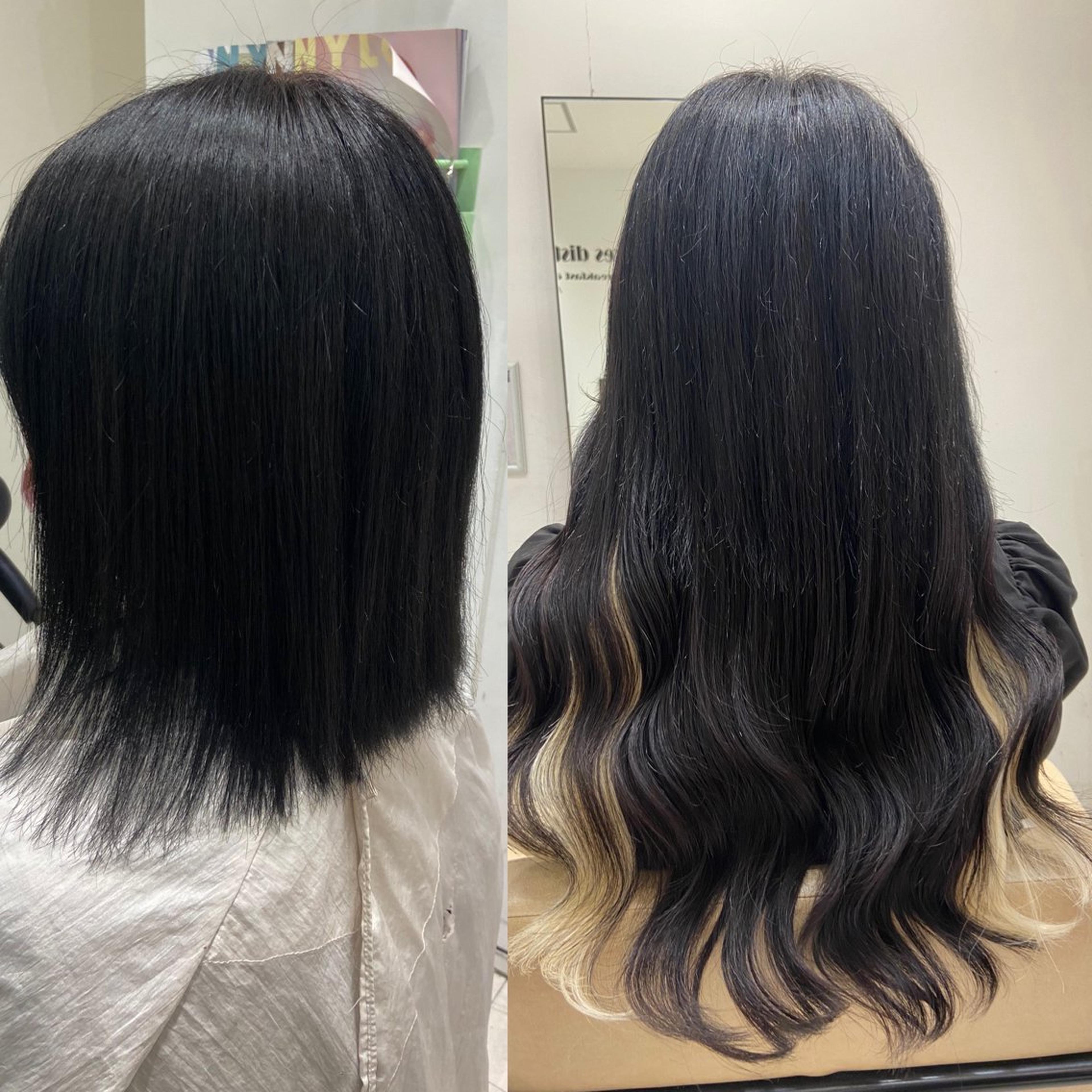 シールエクステで黒髪ロングヘア ブロンドのインナーカラーもダメージ