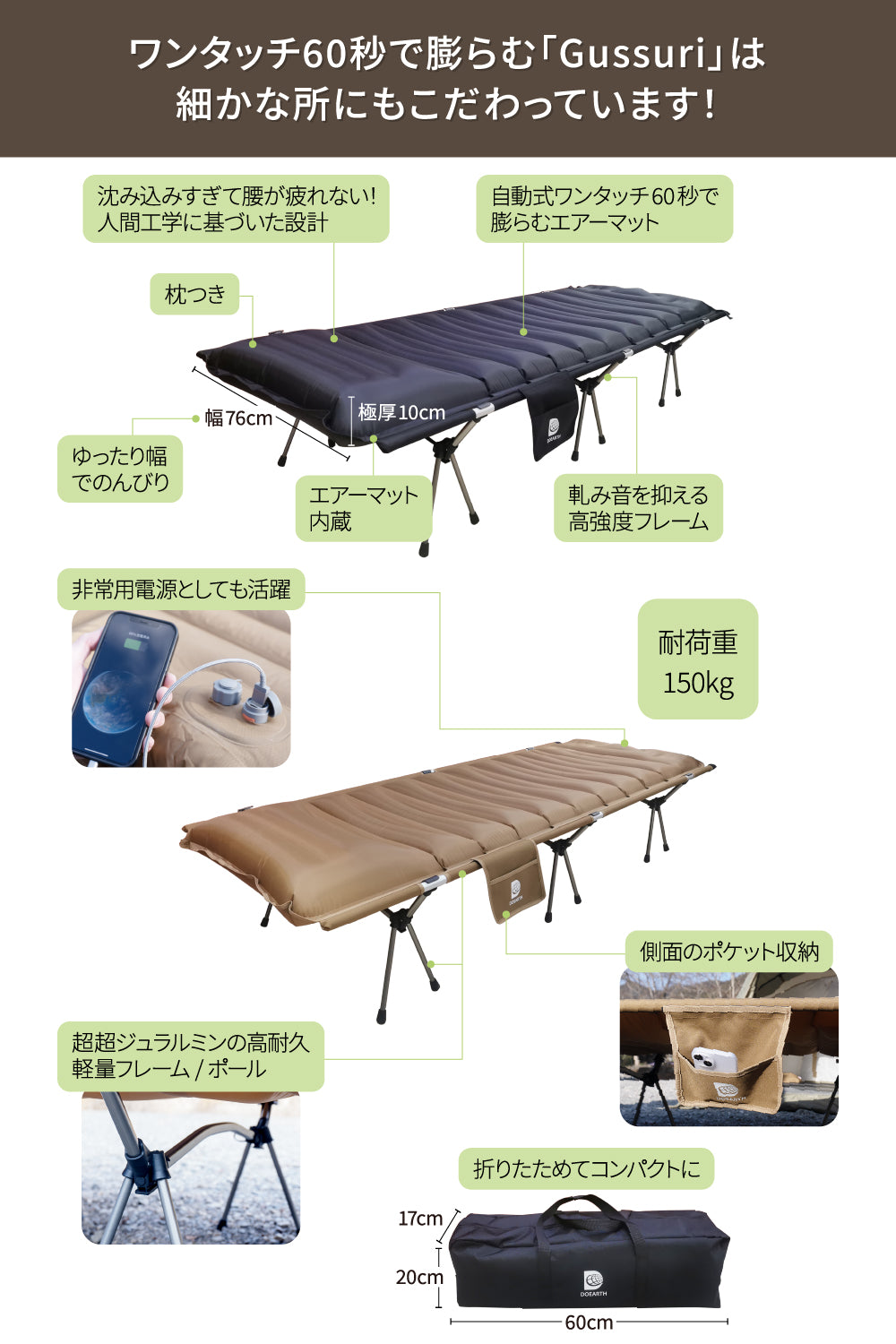 キャンプ泊に沼るエアーコットマットGussuri【注文後2〜4営業日以内に