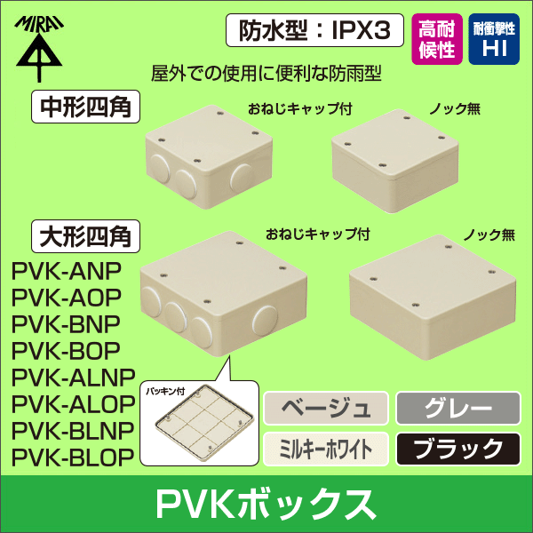 未来工業】PVKボックス（防水タイプ）中形四角（浅型）ノック無