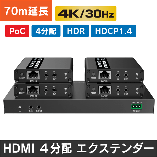 HDMI 4分配 エクステンダー PoCタイプ、伝送距離70m＠1080P、40m@4K