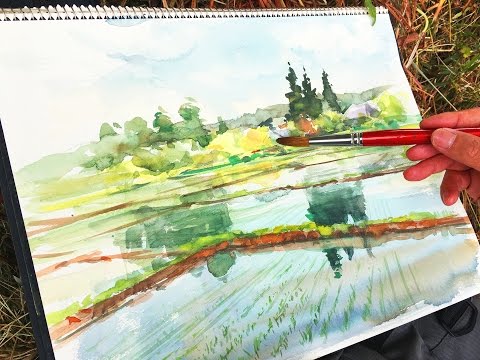 水彩画 田舎風景 額装済み 原画 F6サイズ 水彩画 田園風景 額装済みF6