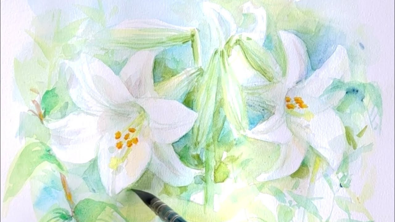 水彩画]咲き始めた百合の花を水彩ガッシュで描く/watercolor /gouache