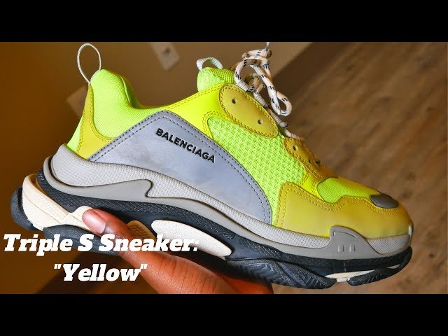 BALENCIAGA TRIPLE S NEON YELLOW REVIEW AND ON FOOT - YouTube