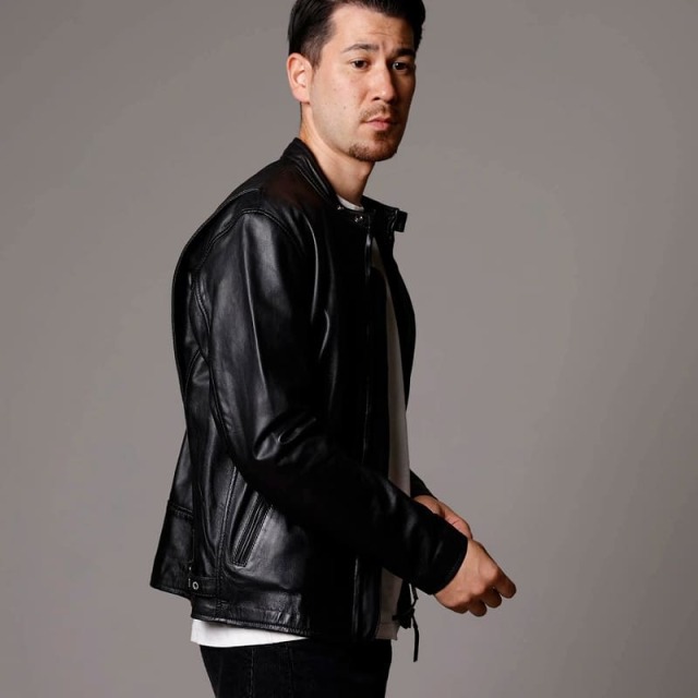Mo-Laws ラム革 シングルライダースジャケット メンズ ブラック