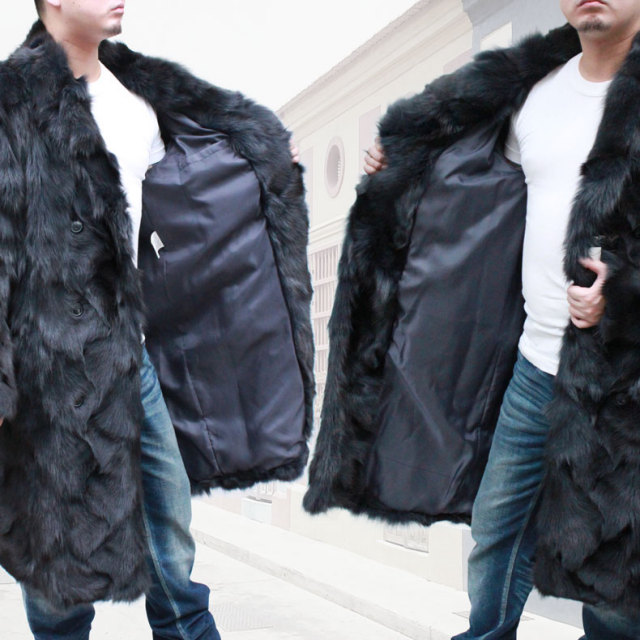 毛皮コート メンズ ブルーフォックス ファーコート ロングコート 膝丈