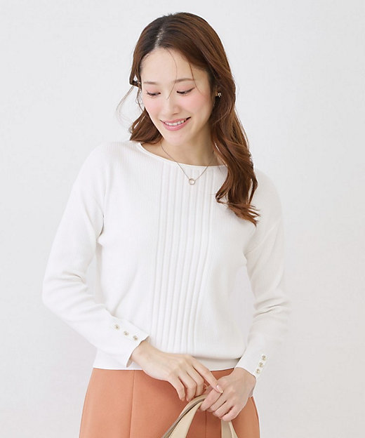 手洗い可／9分袖丈】リブ風ラインのニットトップス