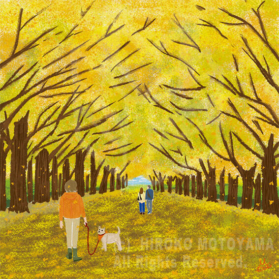 秋,銀杏,紅葉,散歩,風景,景色,イラスト,イラストレーション,表紙,書籍