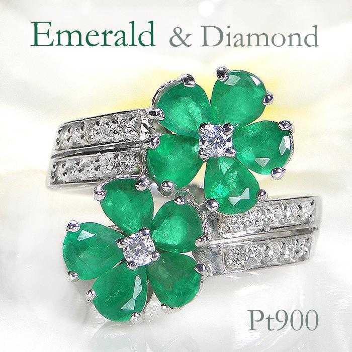 Pt900 フラワーモチーフ エメラルド ダイヤモンド リング 送料無料