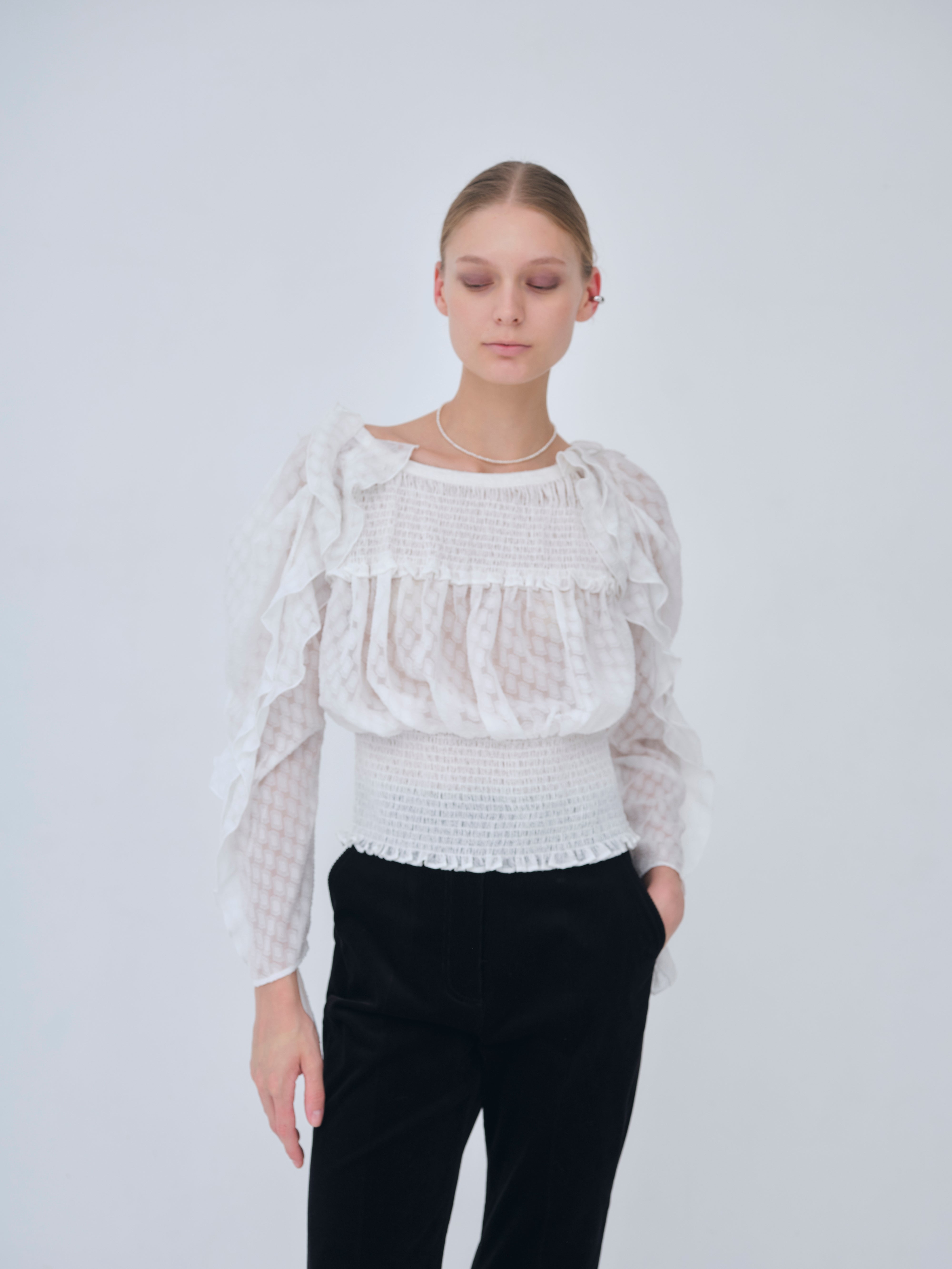 Sheer Jacquard Frill Blouse – L'AUBE BLANC