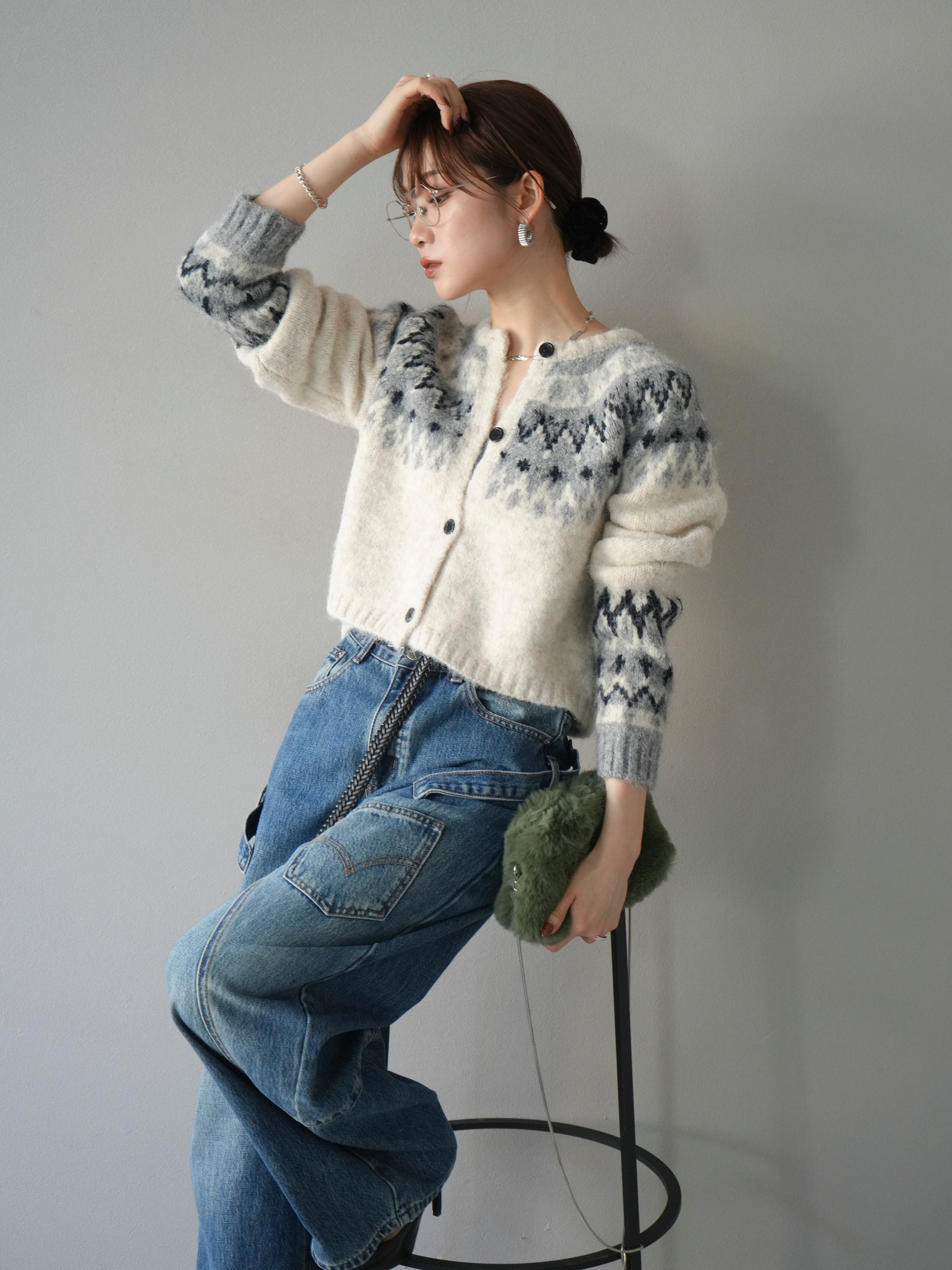 SET]求心柄クロップドニットカーディガン+ペインターカーブデニム