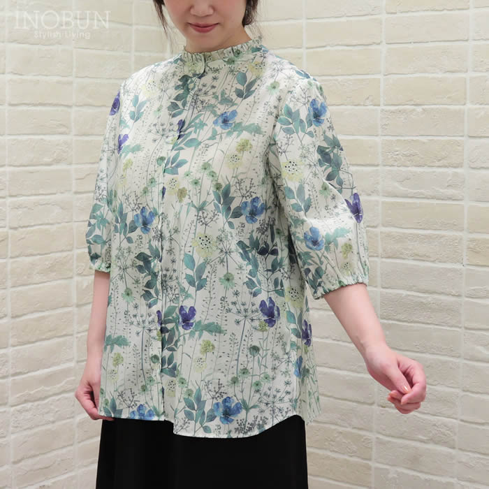 再入荷予定なし】J.Sloane リバティ 半袖 切り替えバンドカラーシャツ