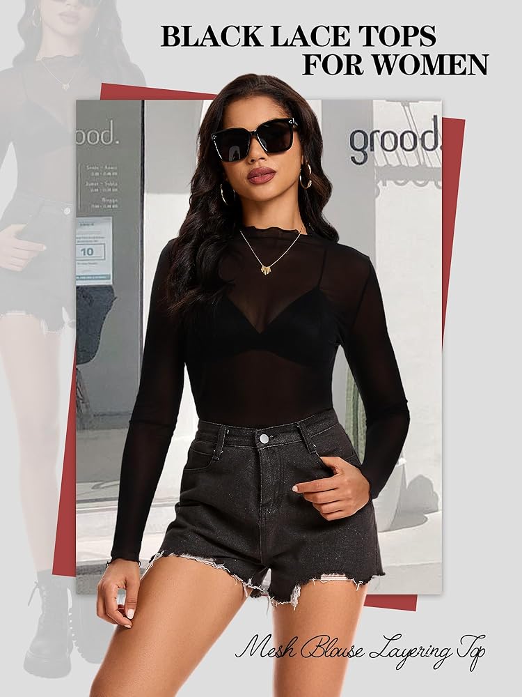 MOHHOM Womens Lace Long Sleeve Mesh Top Mock Neck Sheer Blouse See