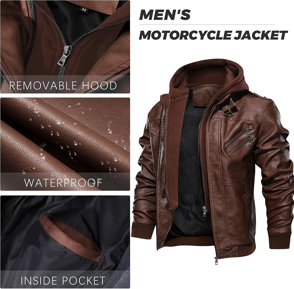 JYG Men's Faux Leather Jacket Stand Collar Motorcycle Bomber