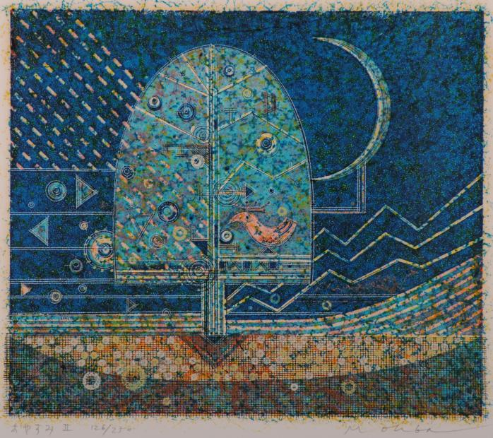 大場正男がペーパースクリーンの版画で制作した木の絵「おやすみ・2」