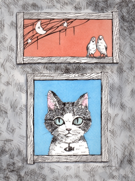 猫の絵画をミクストメディアで描いた香月和夫の猫の絵「夜空で愛を語