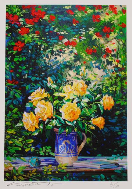 花の絵画をジークレーの版画で制作した田中清の花の絵「薔薇咲く庭で