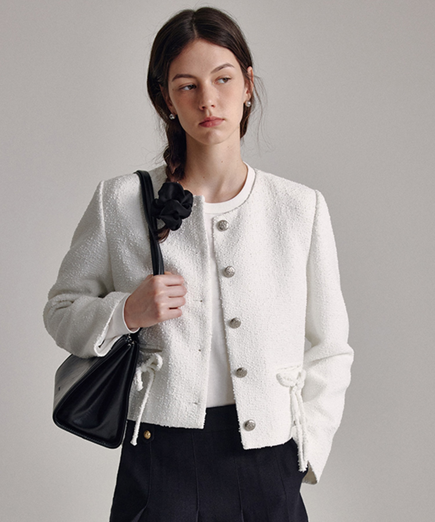 ラウンドネック リボンポケット ツイードジャケット FX24W009【Fano