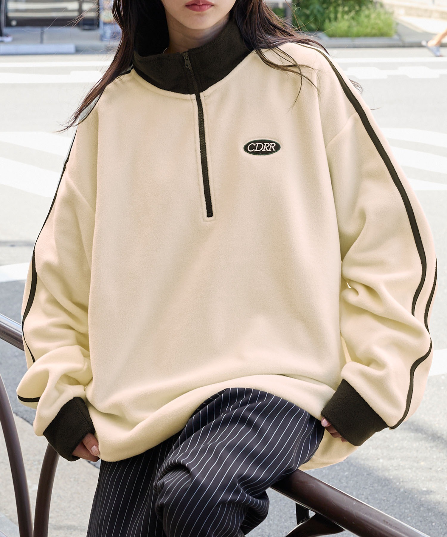 CODDERR】配色 ロゴ刺繍フリースアノラックハーフジッププルオーバー