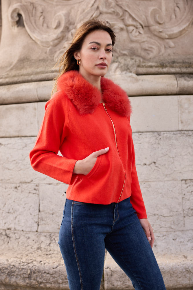 Knit Zip Cardigan with Fox Fur Collar – OO LA LA!