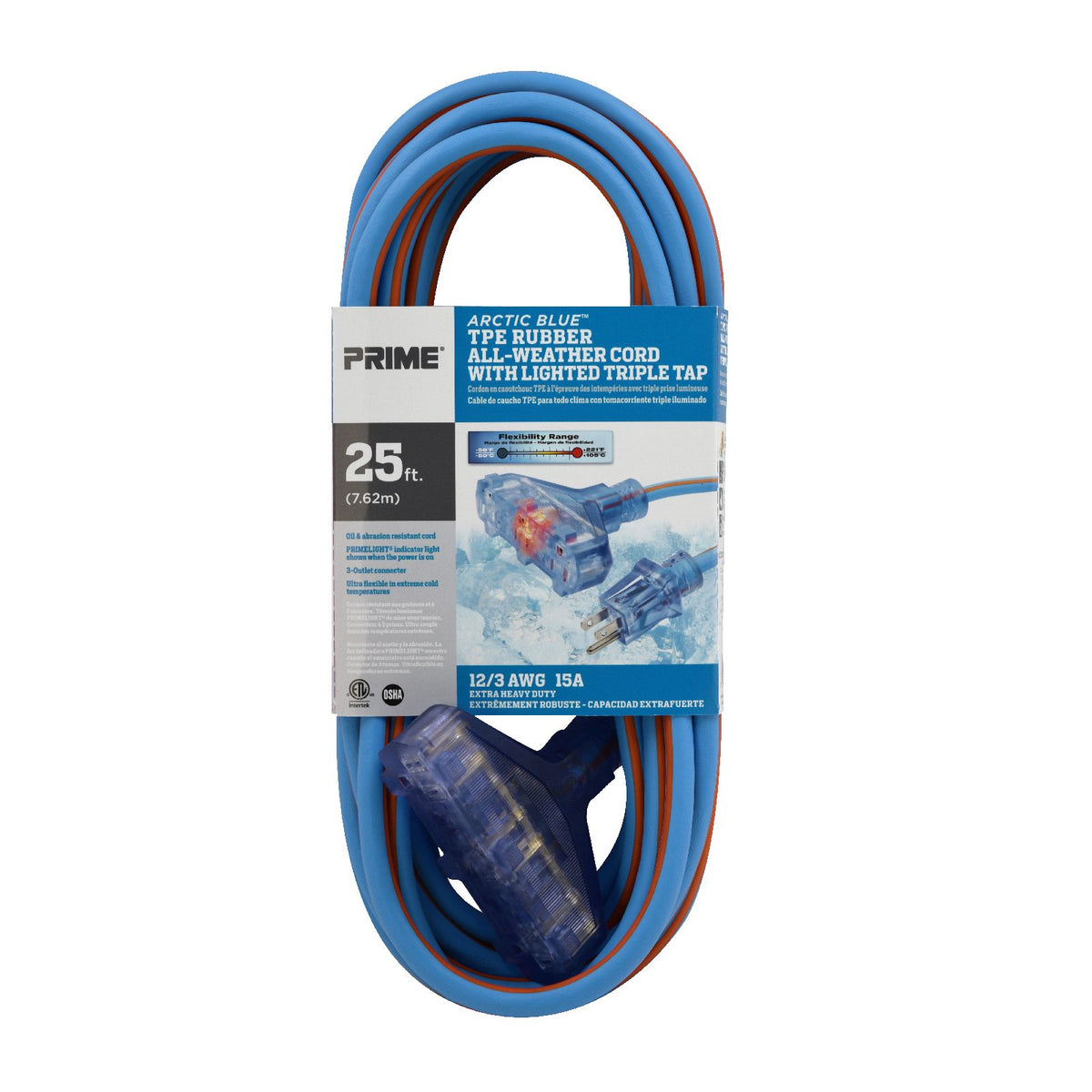 25ft 12/3 SJEOW Arctic Blue™ All-Weather 3-Outlet Extension Cord