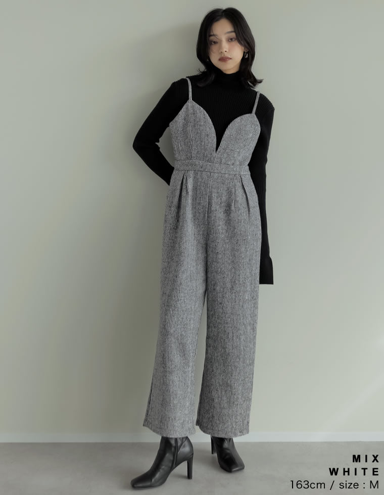 ヘリンボーンツイードハートカッティングキャミオールインワン