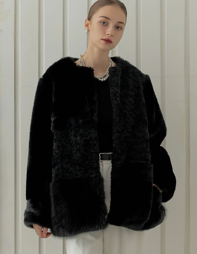 パッチワークボアファーノーカラーコート - ジャケット/アウター通販