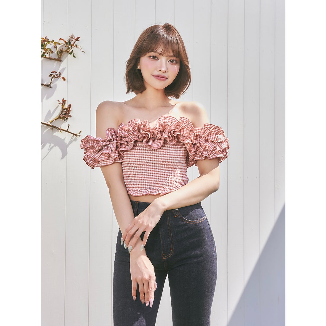 ダーリッチ Darich ギンガムチェックオフショルトップス （グレー