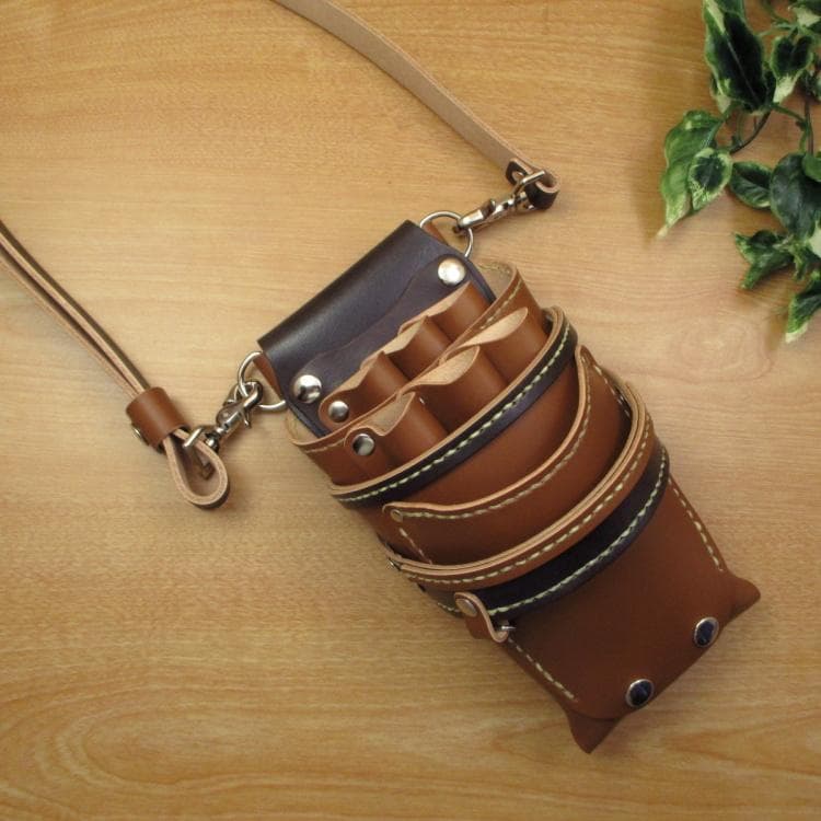 キャメル＆焦げ茶 6丁 革ベルト付き 本革シザーケース SCL-223/CCB