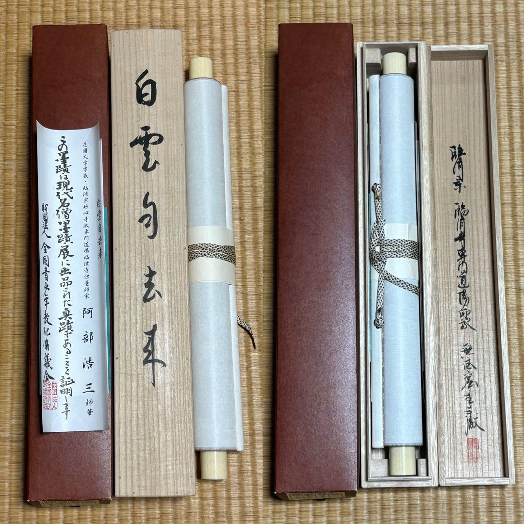 掛軸/茶掛！臨済宗『阿部 浩三』筆『白雲自去来』一行！紙本/共箱/証明書/紙箱付