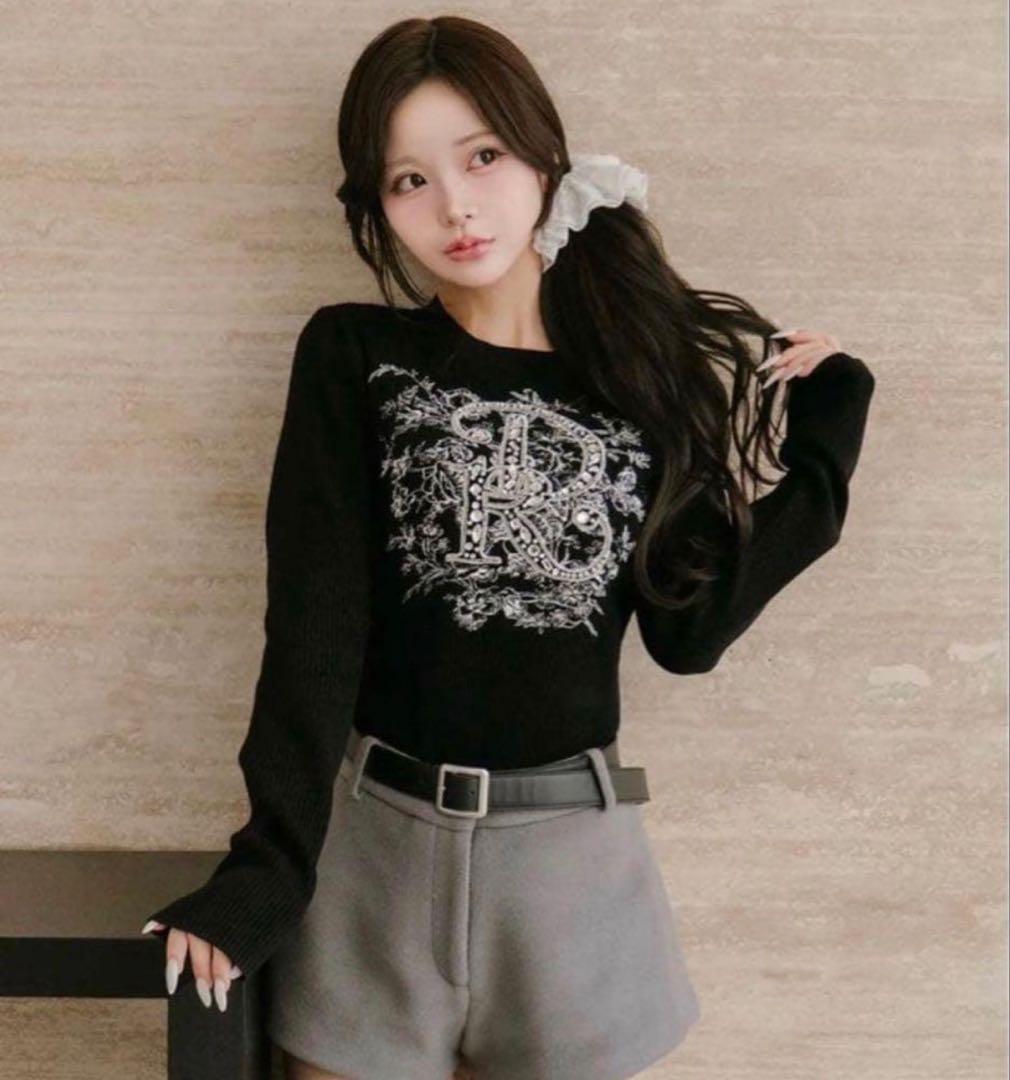 darich ダーリッチ DRビジューフラワーリブニットトップス ブラック