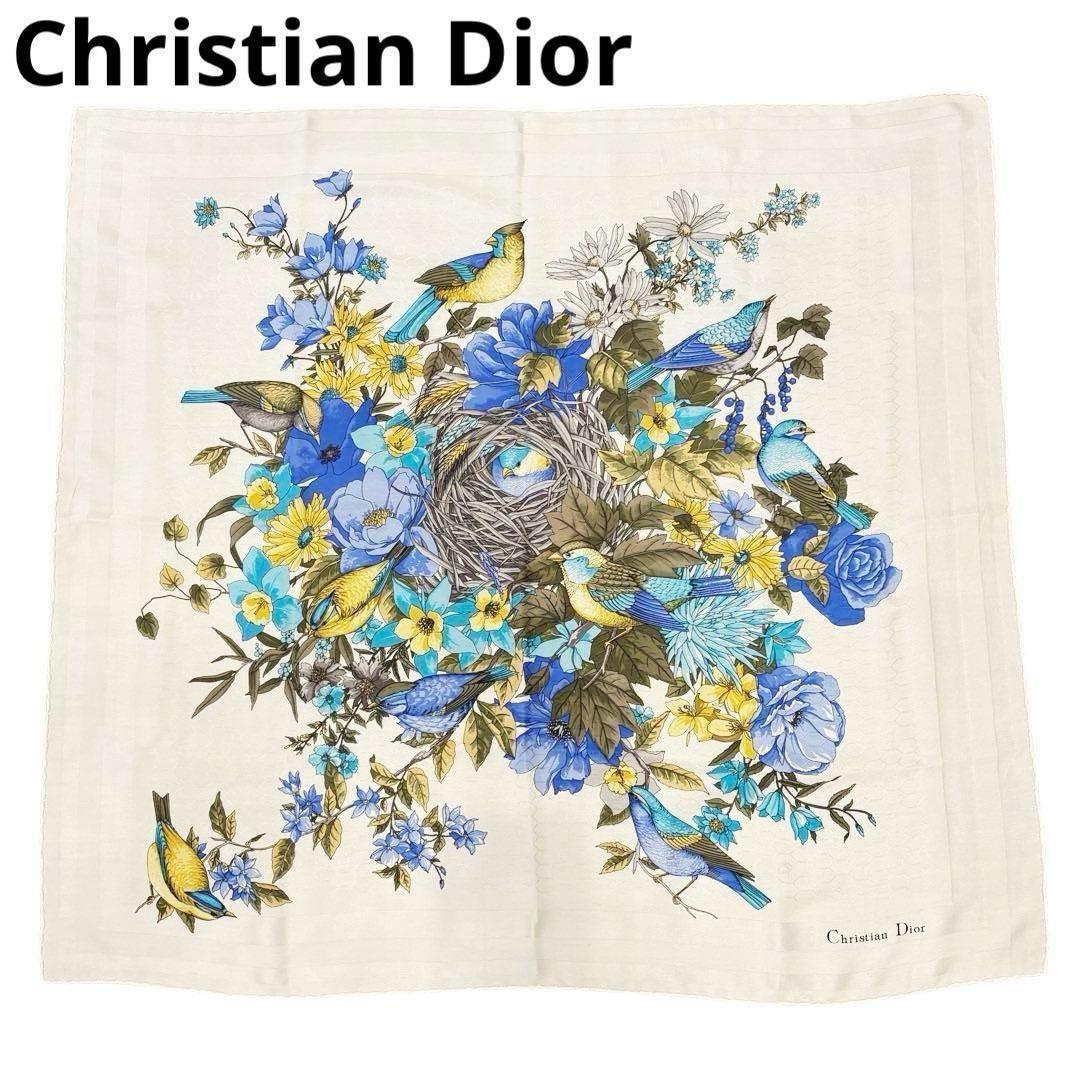 美品】クリスチャンディオール スカーフ 花×鳥柄 シルク アイボリー系